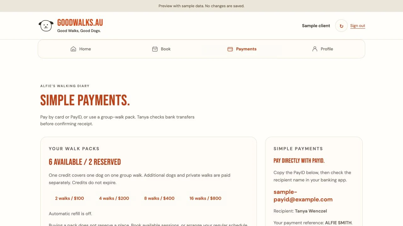 Good Walks sample client payments view showing synthetic available and reserved walk credits