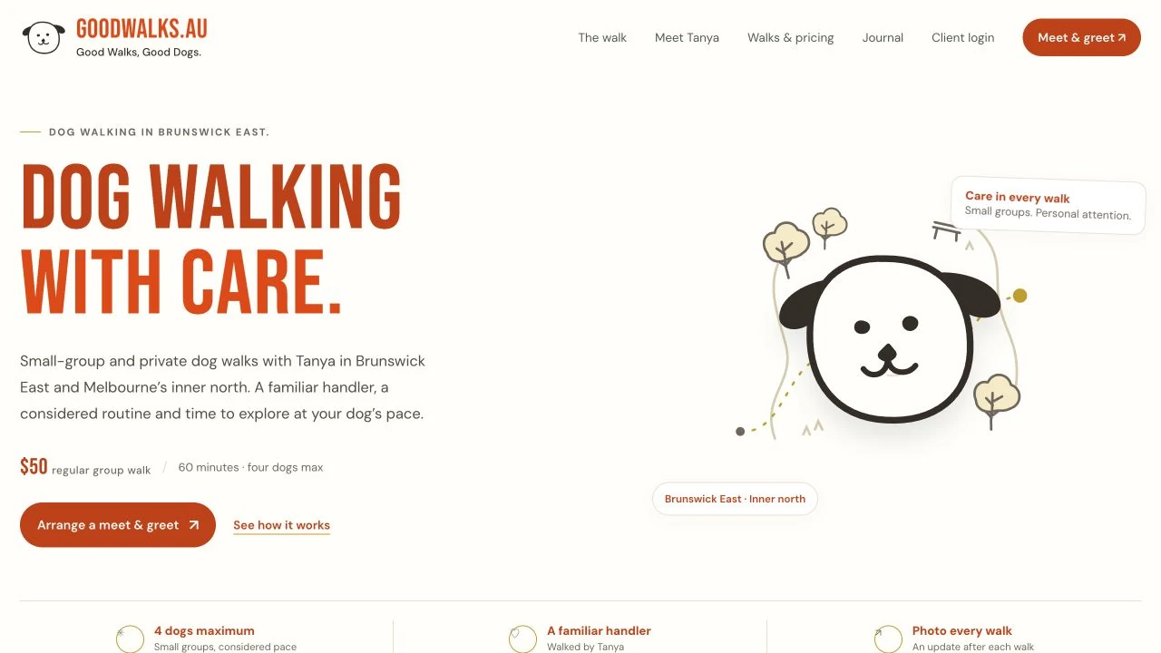 Good Walks public website with its dog illustration and Dog walking with care headline